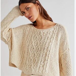Free People Changing Tides Cream Cable Knit Cropped Slouchy Sweater